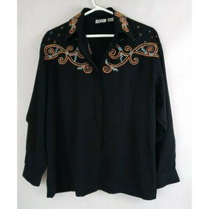 Vintage Gantos Women's Black Blouse With Metallic Beaded Embroidery Size Medium